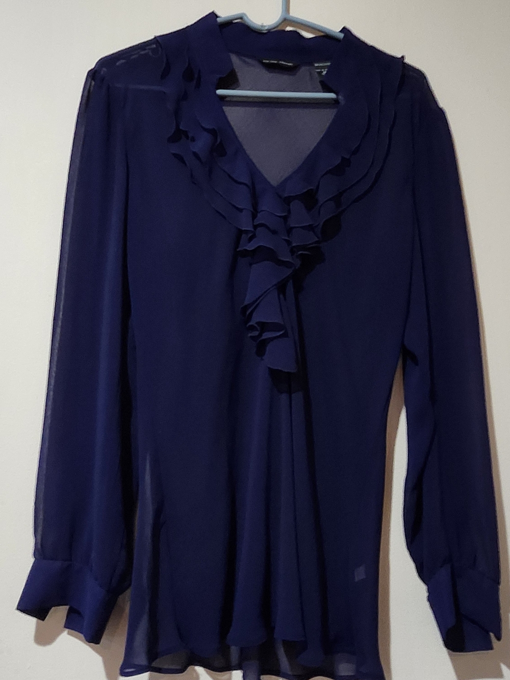 New York And Company Dark Purple Ruffled V-Neck Long-Sleeve See Through Blouse